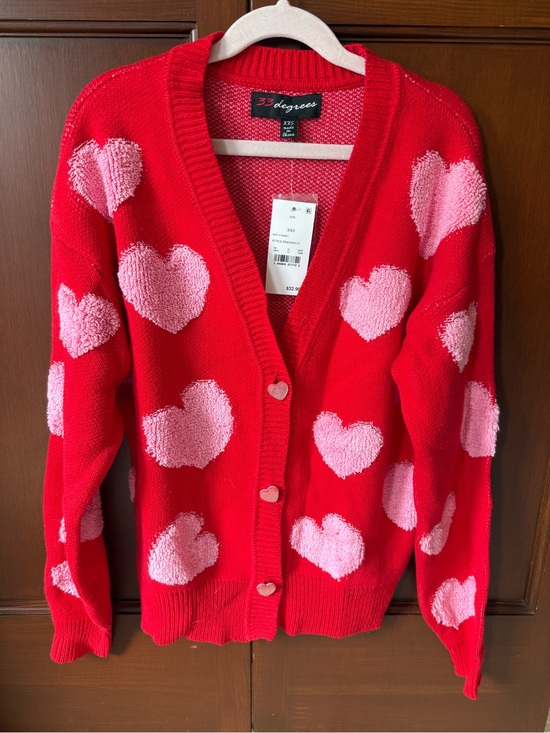 32 Degrees Tops - 32 Degrees Red Cardigan with Pink Heart Motifs